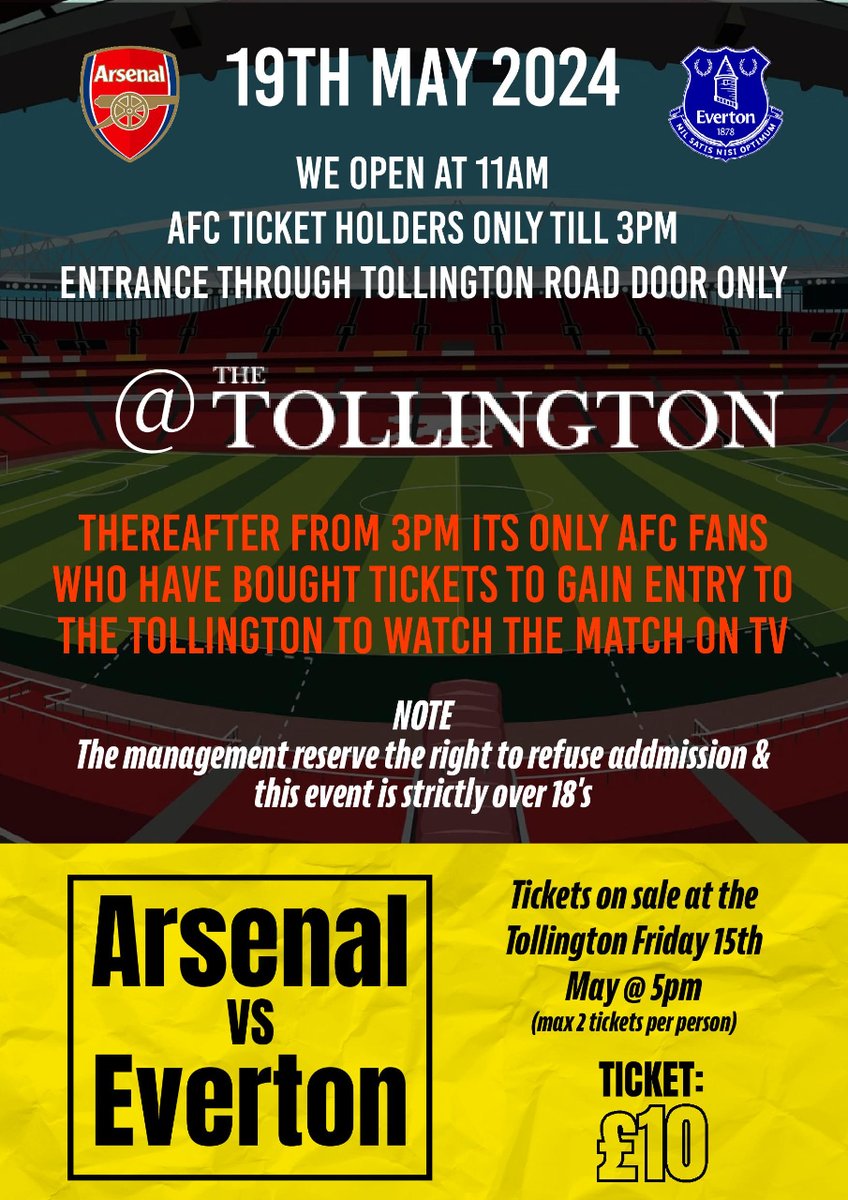 The plan for Sunday! ⚽ Match ticket holders ONLY from 11am ⚽AFC fans who have bought a Tollington pre-sold ticket from 3pm ⚽ Tickets go on sale on Friday 17th May at 5pm from the pub ⚽ Tickets cost £10 and include a free drink ⚽ First come first served after the game