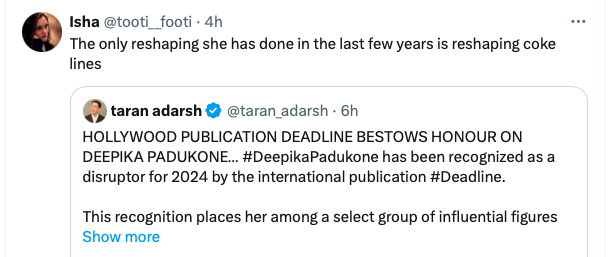 'when the entire world is praising our Indian girl, a really jealous and vile contemporary and her fans are constantly spreading hate online. disgusting instead of supporting other actors you try to pull them down?' 🥱🤡 uglia and her ugly fans