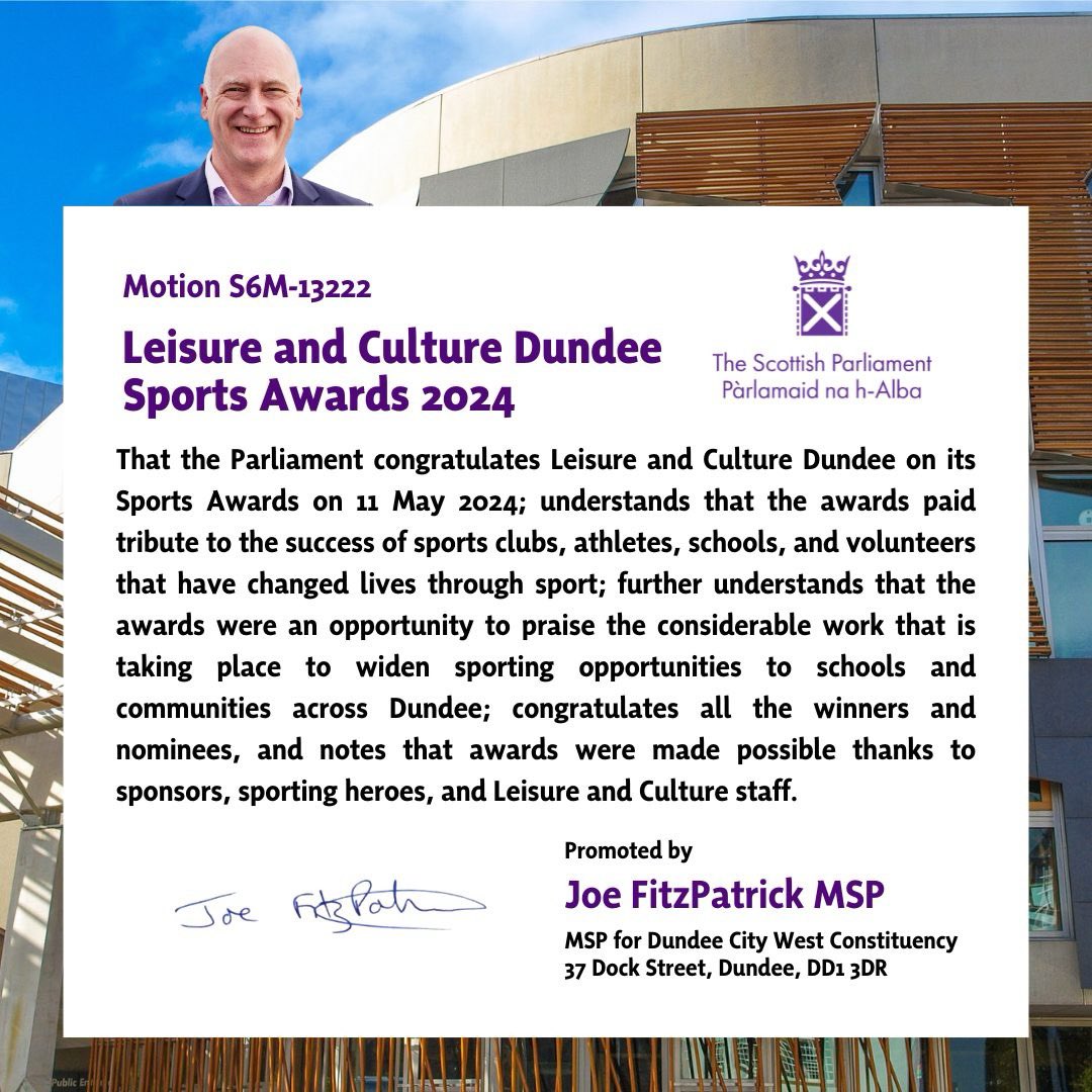 I was delighted to lodge a 📝 motion at 🏴󠁧󠁢󠁳󠁣󠁴󠁿 @ScotParl congratulating all nominees and winners in @LACDundee Sports Awards. The event brought together local athletes, schools, coaches, and volunteers from across the city. Well done to everyone involved! 👏
