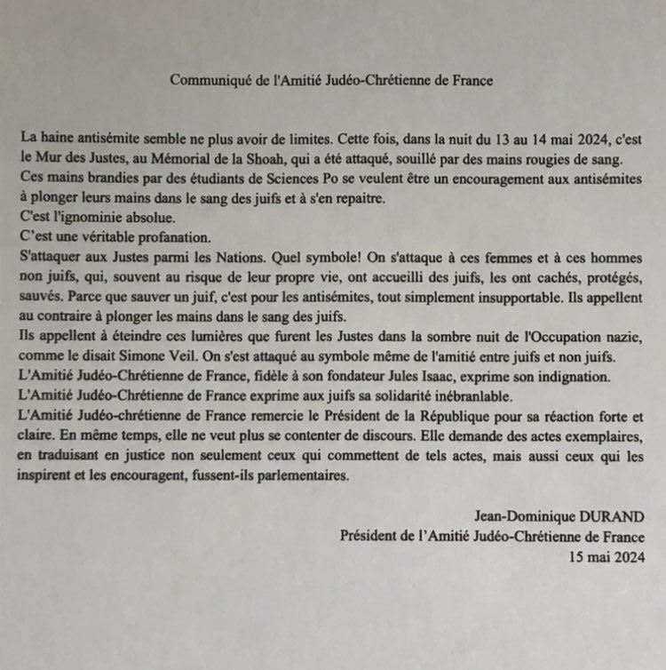 Un petit communiqué de l'amitié judéo-chrétienne de France (AJCF). 
Merci a eux.