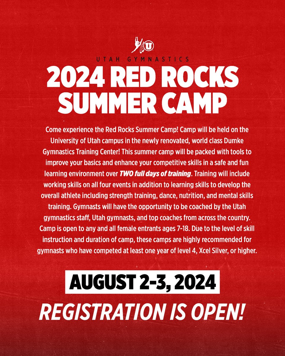 We’re thrilled to announce that due to popular demand, we’ll be hosting a SECOND summer camp on August 2-3! 🙌 Registration is now open⏩utahgymnasticscamps.com #RedRocks | #GoUtes