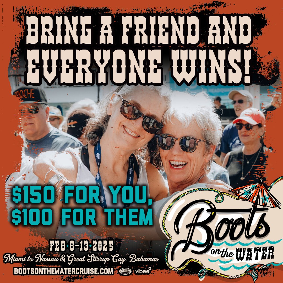 Join us on Boots on the Water and bring your friends with you 🤠 When you refer a friend, you'll receive a $150 of onboard credit, and your friend will enjoy $100 off their cabin 🚢💃 Go to BootsontheWaterCruise.com to book your cabin now!