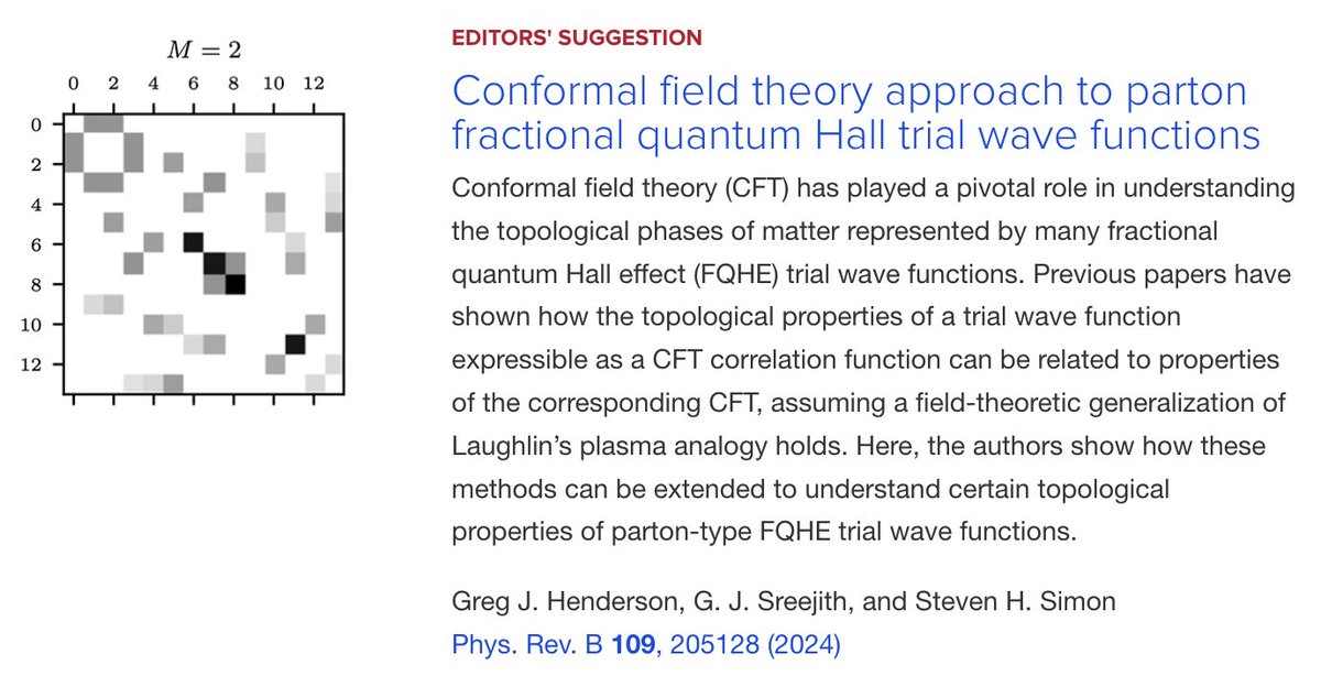 PhysRevB's tweet image. PRB Editors&apos; Suggestion: #ConformalFieldTheory approach to parton #FractionalQuantumHall trial wave functions

Greg J. Henderson, G. J. Sreejith, and Steven H. Simon
Phys. Rev. B 109, 205128

➡️ go.aps.org/3QLu7LX
#OpenAccess #EdSugg #physics #condmat @APSPhysics