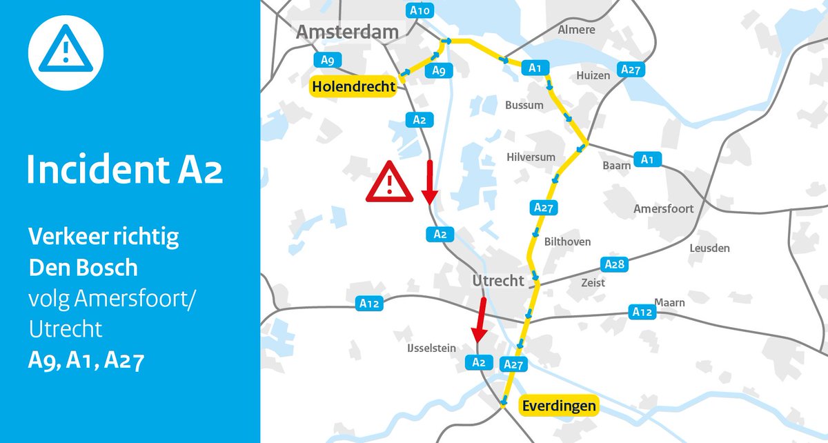 ❌ | Verkeer op de #A2 richting Utrecht gaat over twee rijstroken na een een ongeval bij Maarssen. Meerdere hulpdiensten zijn inmiddels aanwezig. Vanaf Vinkeveen kom je in de file terecht en heb je 80 minuten vertraging. We leiden je daarom vanaf knp. Holendrecht om. 👇🏽