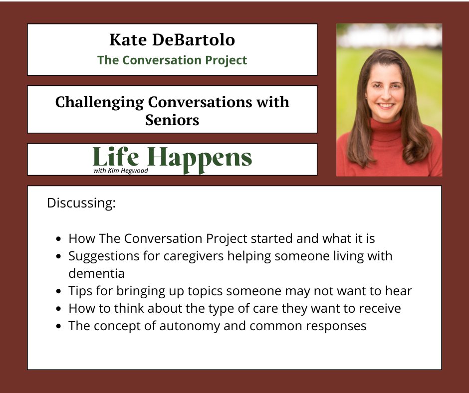 Life Happens @YourLegacyLegal talks with Kate DeBartolo about what The Conversation project is while also providing key suggestions for #caregivers helping those who live with #dementia. yourlegacylegalcare.com/life-happens-p…