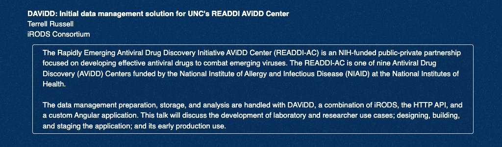 At the #iRODSUGM, the #iRODSConsortium will present DAViDD, a combination of #iRODS, the #HTTP API, + a custom #Angular application, built as a #datamanagement solution for the @NIH-funded READDI-AC at @UNC. Tune in on May 30 at 11:40 AM CET / 3:40 AM ET. irods.org/ugm2024/