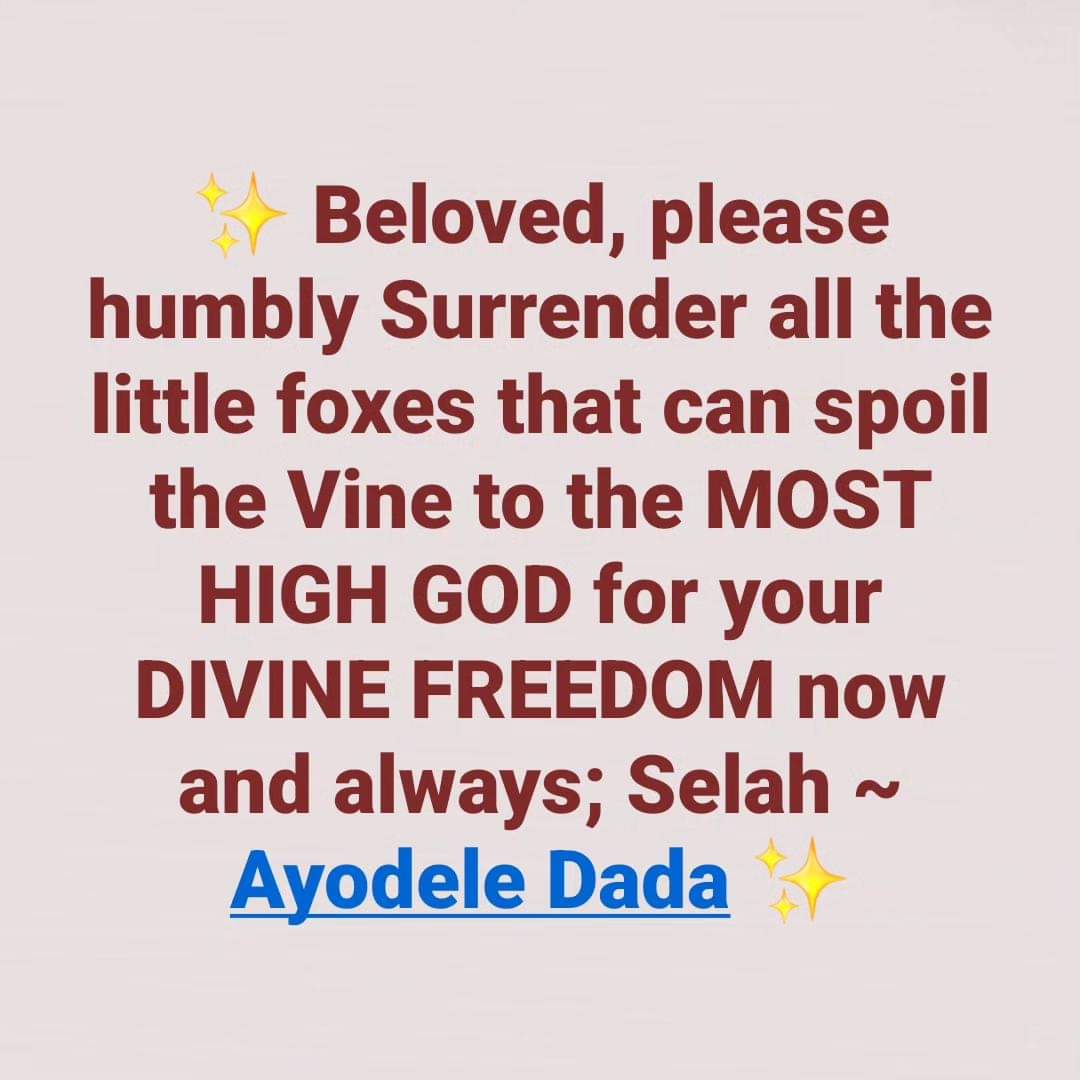 ✨ Beloved, please humbly Surrender all the little foxes that can spoil the Vine to the MOST HIGH GOD for your DIVINE FREEDOM now and always; Selah ~ Ayodele Dada ✨ #WordsOfWisdom #Surrender #DivineFreedom #AyodeleDada #AydGraphics #ChildOfGOD #Amen #Heaven #AllGloryToGOD ❤️🙏