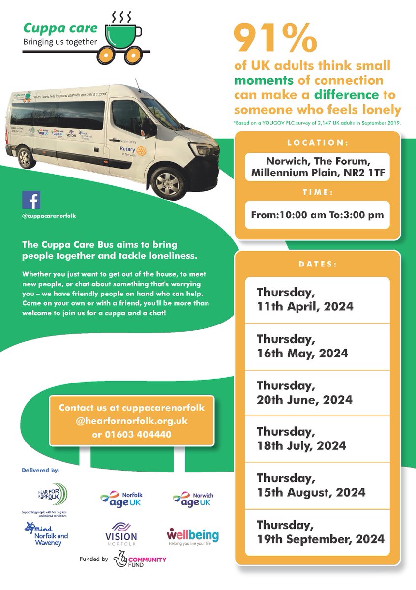 The Cuppa Care bus will be visiting #Norwich on Thursday 16th May 

Find us at The Forum, Millennium Plain from 10am until 3pm 

hearfornorfolk.org.uk/cuppa-care/

#cuppacare #health #wellbeing #norfolk