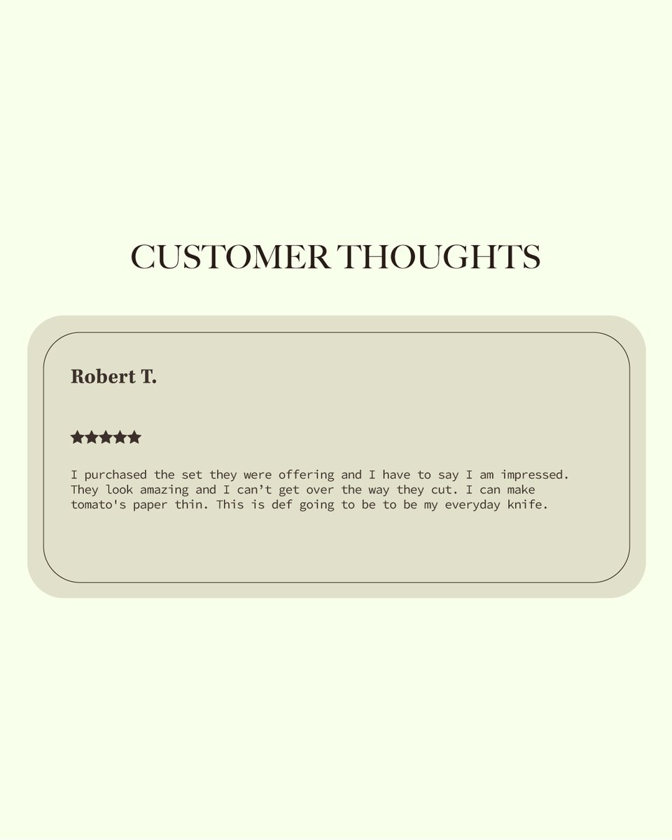 SolBladeCo's tweet photo. A heartfelt review that motivates us and fuels our creativity. ❤️
Thank you for choosing SolBlade.
#solblade #kitchenknivesworld #chefknifeset #chefknife #knivesout #paringknife #artofcooking #chefstime #cheftools #santokuknife #cutlery https://t.co/WwkK2lZn1o