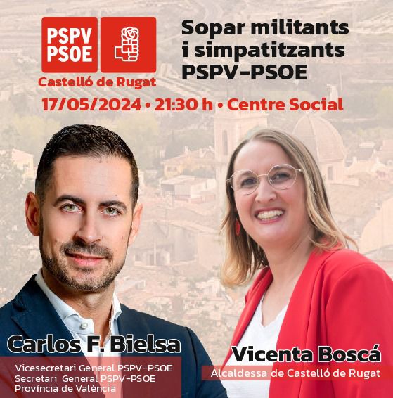 SOPAR PSPV PSOE🍽️
Castelló de Rugat
❤️🌹
🗓️ 17 maig (divendres)
🕰️ 21:30 hores
🏨 Centre Social

#socialistescastellóderugat #PspvCastellóDeRugat #PSOE #CastellóDeRugat
