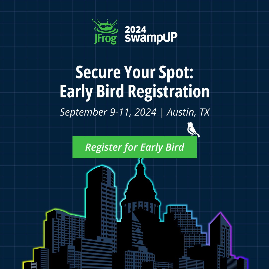 jfrog's tweet photo. swampUP 2024 is coming to Austin, Texas from September 9th to 11th!

Join the world’s leading developers, engineers, &amp; tech innovators in the #DevOps, #DevSecOps, &amp; #MLOps conference of the year.

Register now for early bird pricing: https://t.co/h3VKaZ0e8m https://t.co/OZNONrskKN