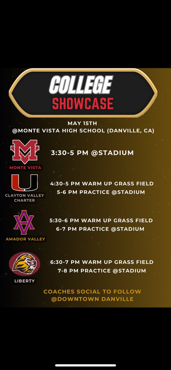 AVHS Football (@avhsfootball16) on Twitter photo GREAT DAY for our AV Football Dons
SHOWCASE tonight <a href="/MVHS_Football/">Monte Vista Football</a>
Here are the times each program will be hitting the stadium: GREAT DAY for our AV Football Dons
SHOWCASE tonight <a href="/MVHS_Football/">Monte Vista Football</a>
Here are the times each program will be hitting the stadium: