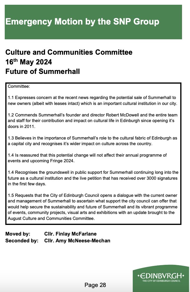 Local SNP councillors will table an emergency motion to tomorrow's Culture Committee asking officers to collaborate with Summerhall management on 'long-term sustainability' for the venue. democracy.edinburgh.gov.uk/ieListDocument…