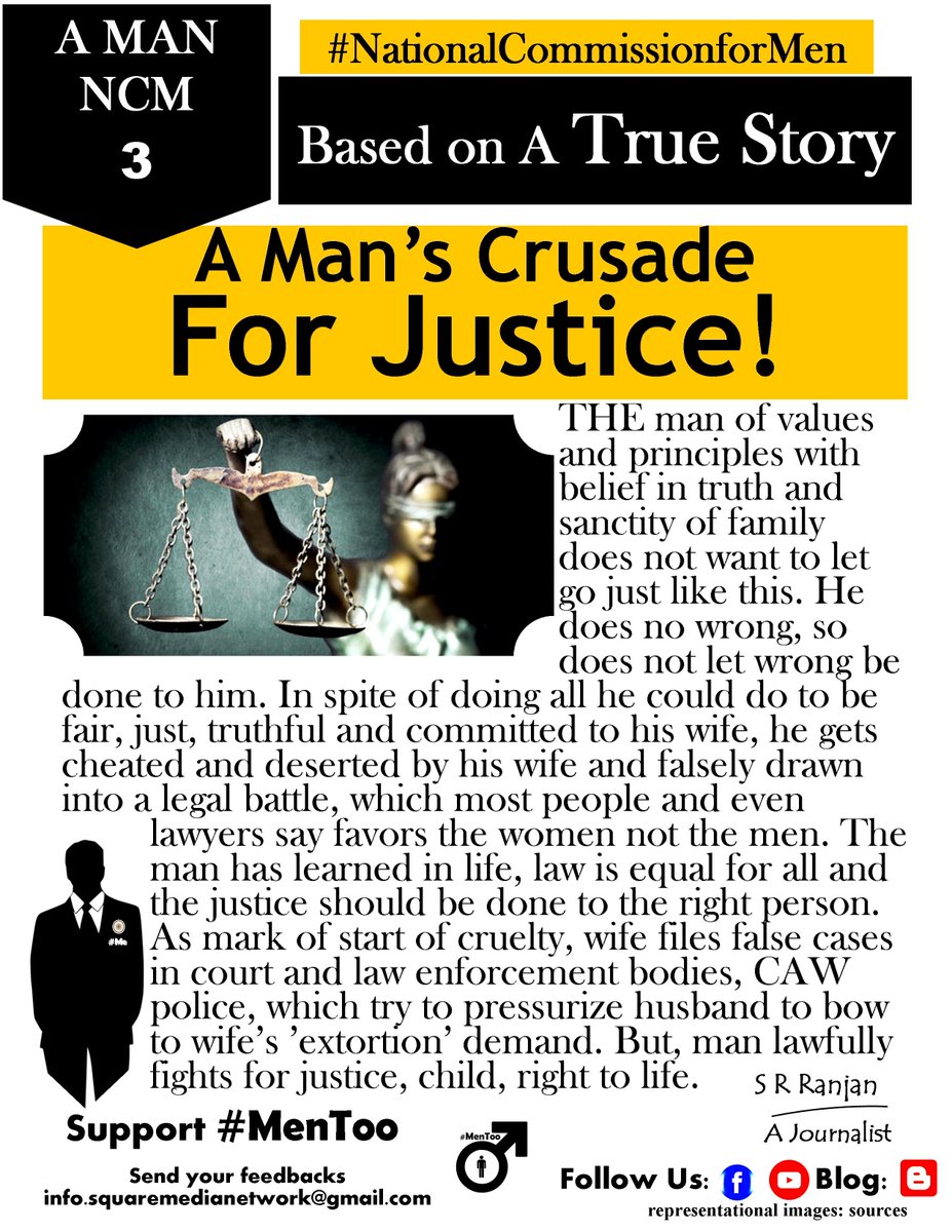 #MenToo~ A TRUE STORY 3: A man's crusade for Justice!
#equality #justice #laws #man #woman #NationalCommissionforMen #NCM #UNHRC #NHRC #society #courts #matrimonial #ministry #government #police #HM #SC #HC #LC #NCPCR #CAW #NCW #world #india
*F: facebook.com/MenToo4Justice/