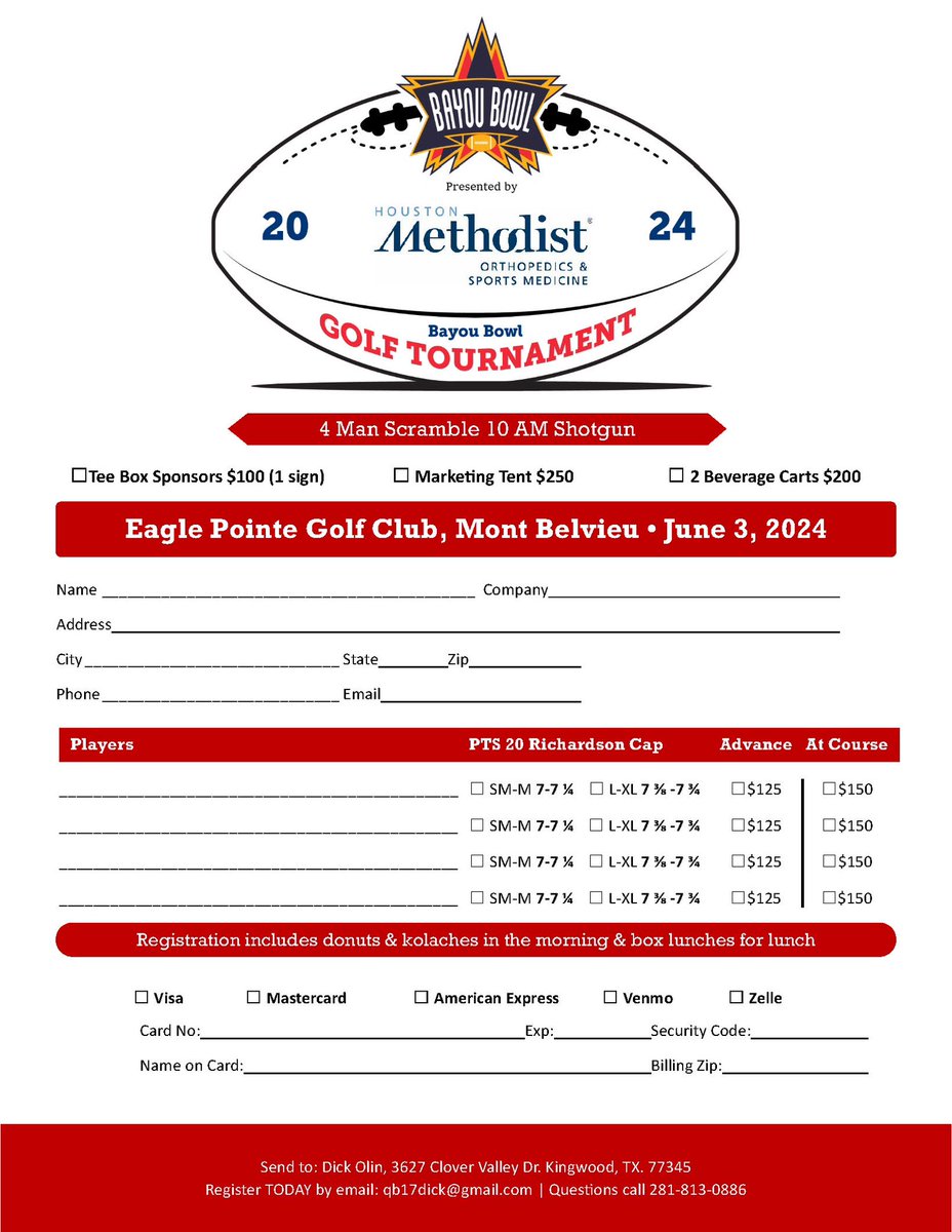 The annual 🏌🏼@BayouBowlGHFCA 🏌🏼golf tournament is June 3rd with a 10:00 am start. Here’s the registration form 👇🏼!! 🏈🏌🏼 @ghfcahouston @coachb_ware @coachjameswill @DukeJace @coach_mcdowell @qb17dick