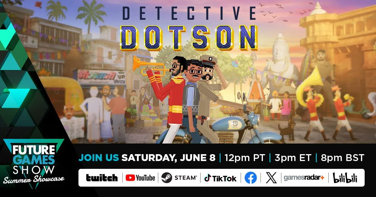 Detective Dotson 🤝 #FutureGamesShow 

🚨New gameplay trailer🚨

Instead of AAA thing of teasing you, expect:

Explore 🇮🇳?✅
Solve crimes?✅
Wear disguises?✅
🐶 petting? Obviously.

When? 12pm PDT, June 8. 

Thank you  ⁠@FutureGamesShow for featuring us. #indiedev #gamedev