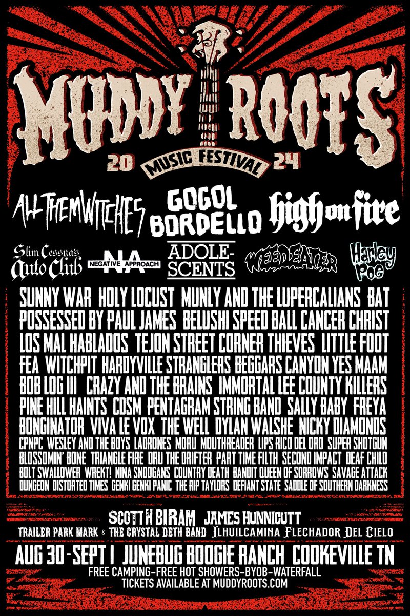 Muddy Roots 2024 lineup: High On Fire, Gogol Bordello, Negative Approach, Adolescents, Weedeater & more brooklynvegan.com/muddy-roots-20…