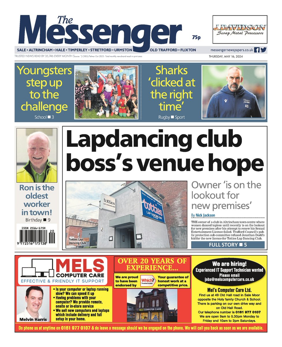 Front page of this week's @MessengerNews on sale Thursday📰 #Trafford #OldTrafford #Sale #Hale #Altrincham #Timperley #Stretford #Urmston #Flixton #Newsquest #GreaterManchester #Carrington #BuyAPaper #TomorrowsPapersToday #SaleSharks