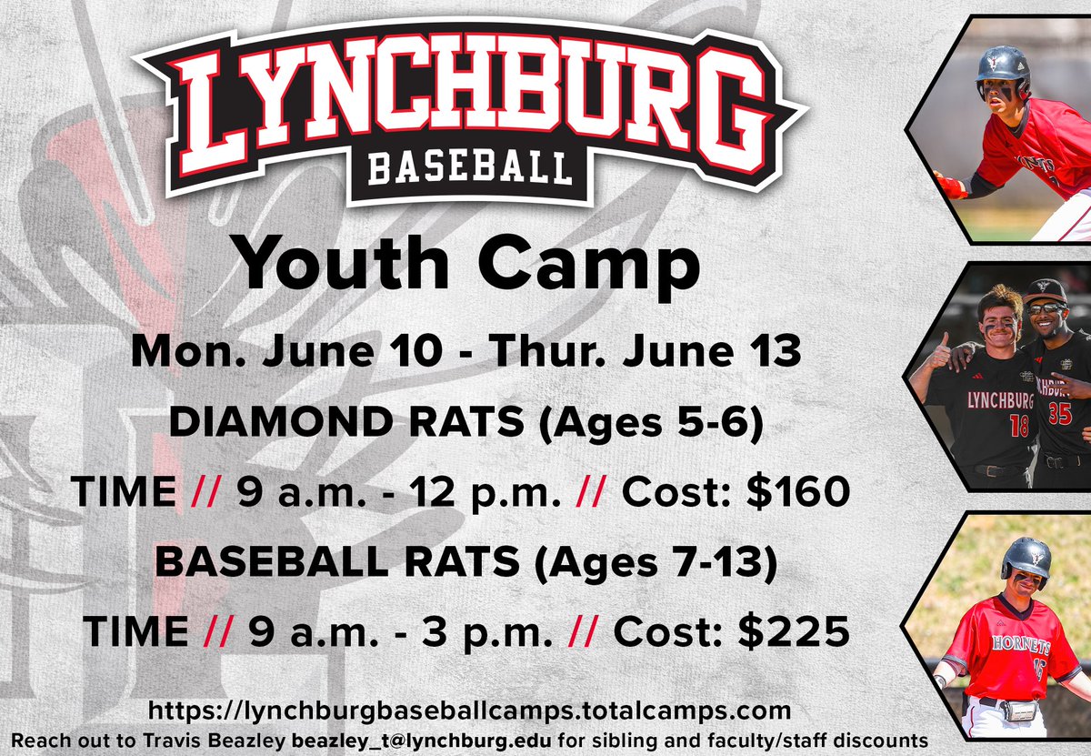 Less than a month away for our Summer Youth Baseball Camp! ☀️🏝️ We will have the Lynchburg Baseball coaching staff and some current players helping with the camp and interacting with the kids. Link: lynchburgbaseballcamps.totalcamps.com/shop/EVENT