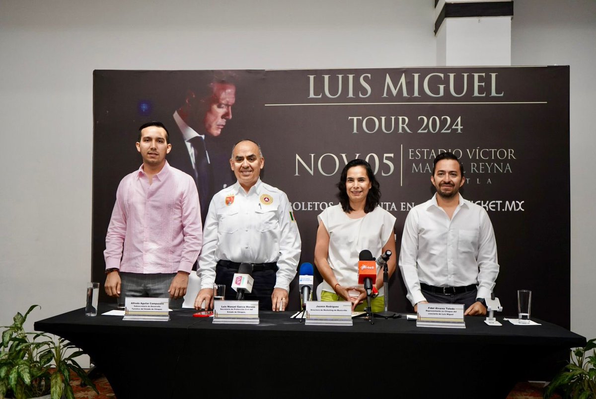 • Luis Miguel TOUR 2024 ¡LLEGA A TUXTLA!

Después de la avalancha de éxitos en su TOUR 2023, #LUISMIGUEL, regresa
con su #TOUR2024, a la
ciudad de #TuxtlaGutiérrez, #Chiapas. El 5 de Noviembre, el #EstadioVíctorManuelReyna se
iluminará con la presencia de 'El Sol de México'.