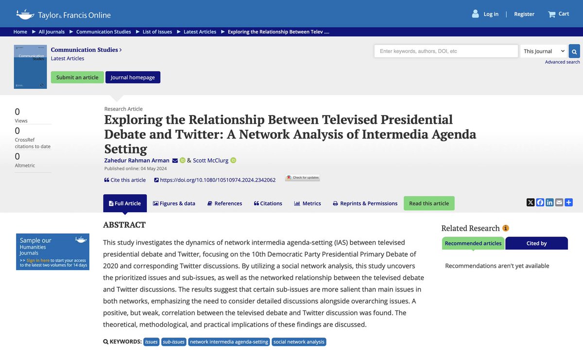 CommartsFsu's tweet image. Congratulations Dr. Zahed Arman for the publication of the article, "Exploring the Relationship Between Televised Presidential Debates and Twitter: A Network Analysis of Intermedia Agenda Setting," co-authored with Dr. Scott McClurg, in the Communication Studies Journal.