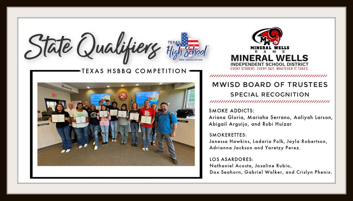 🔥🏆 Big shoutout to our MWISD culinary teams! 🍔🔥 They wowed us all at the state BBQ competition after exceeding expectations and qualifying with flying colors. All teams were honored at the MWISD Board of Trustees April board meeting.