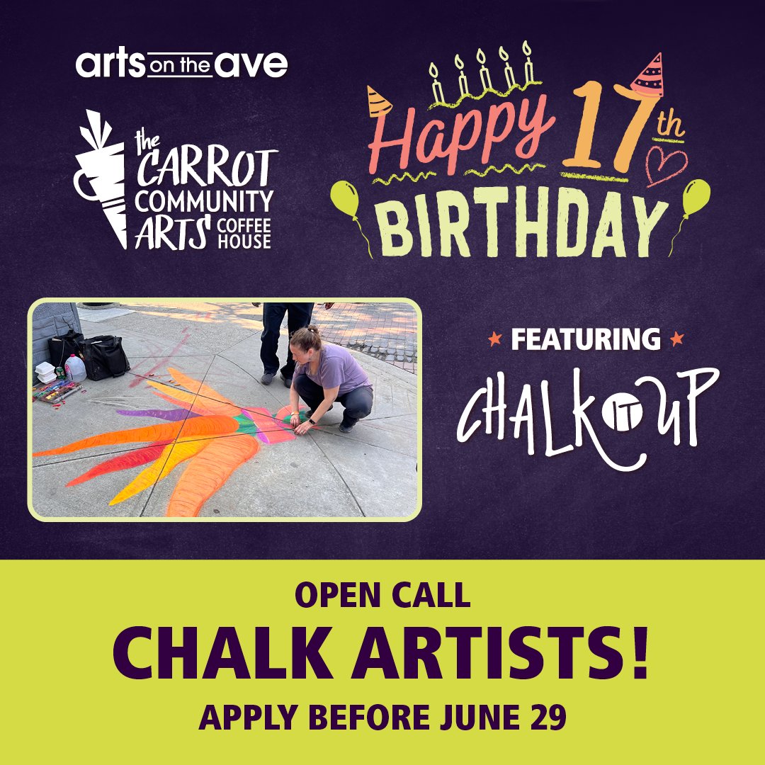 🌈 Calling all Chalk Artists (or visual artists with an interest in chalk!) 🎨✨

Unleash your creativity! Apply to create chalk art at The Carrot's 17th Birthday featuring Chalk It Up on July 13th! Don't miss out on this opportunity to showcase your masterpiece.