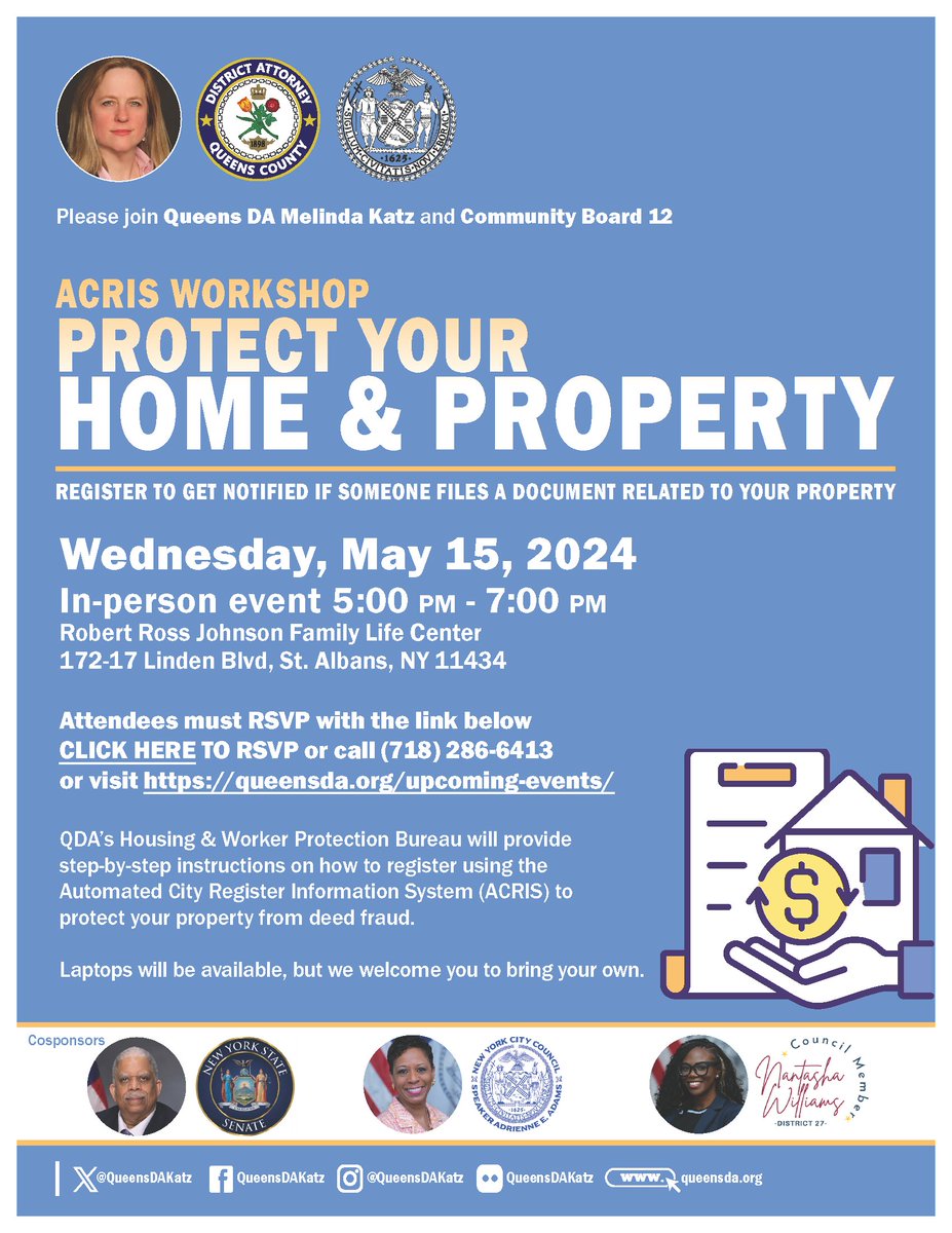 Join us today at the Robert Ross Johnson Family Life Center in St. Albans for an ACRIS workshop. Learn how to protect your home and property from theft. Registration is required. To RSVP call 718.286.6413 or visit bit.ly/3WDwbJC