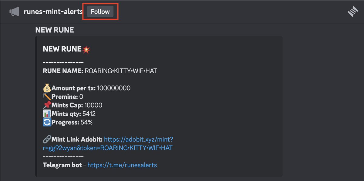 AlertBrc20's tweet image. 🤖Runes Mint Alerts are available in discord!

You can now receive Runes Mint Alerts on your discord server

1. Join our Discord - discord.gg/ttYMg7txM5
2. Follow the steps from the “add-to-your-server” channel