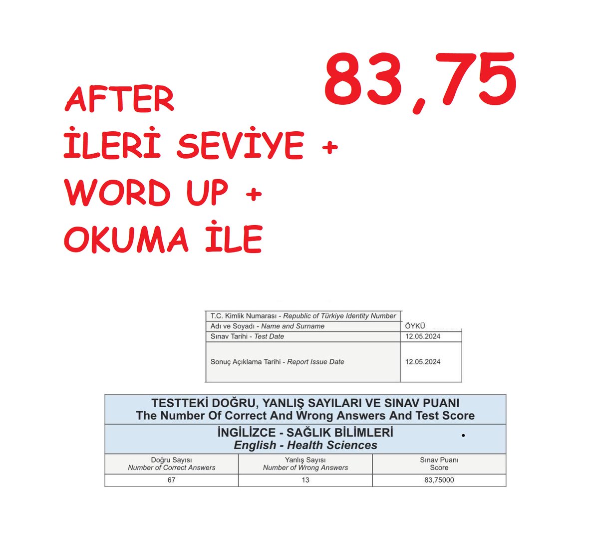 Öykü Hocam tebrik ederiz, İleri Seviye + Word Up + Okuma programı ile 83,75 puana ulaştık ☺ . . . . #tijenhoca #ümithoca #yds #yökdil #yökdilsosyal #yökdilsağlık #yökdilfen #eyds #2024eYÖKDİLSonuç #ankaradilakademisi #ADA