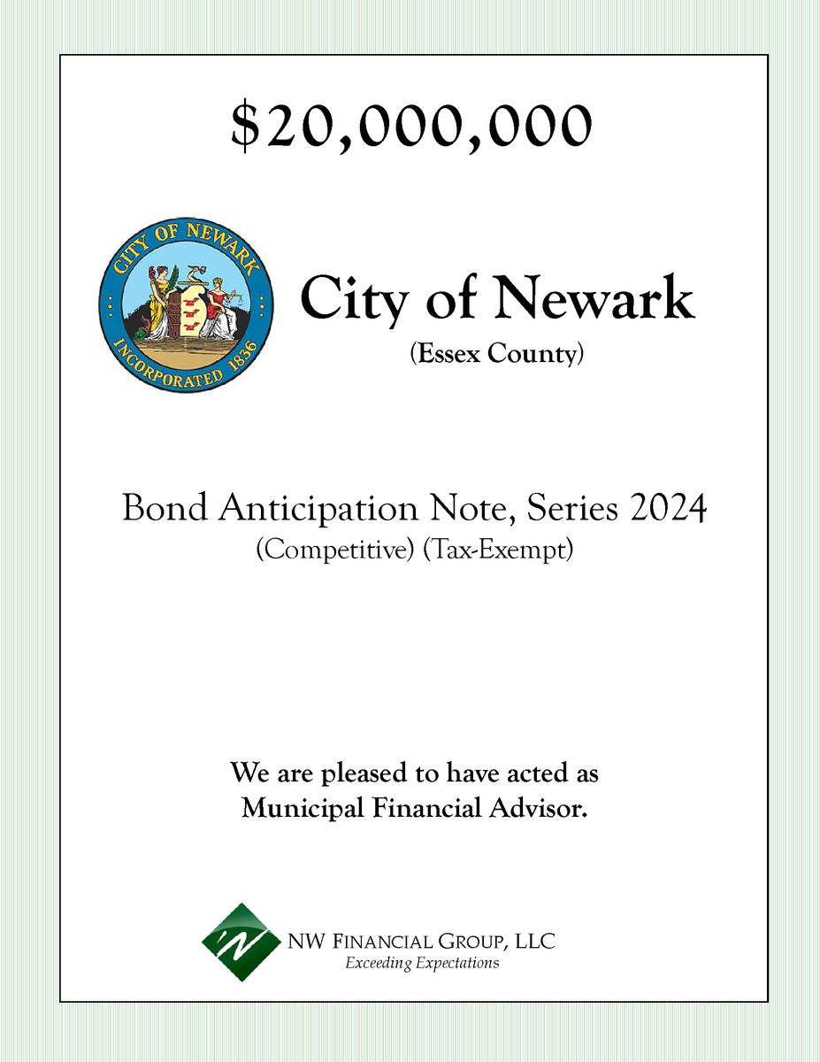 NW Financial served as Municipal Financial Advisor to the City of Newark on the following Note transaction which closed on May 14, 2024.

#nwfinancial #cityofnewark #newarknj #publicfinance #financialadvisor #municipalfinance #finance #newjersey #essexcountynj
