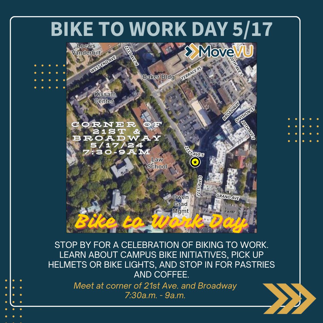 Bike to work day is Friday! Celebrate by joining the VU community at the corner of 21st Ave. and Broadway between 7:30-9 for pastries, coffee, helmets, and bike lights!