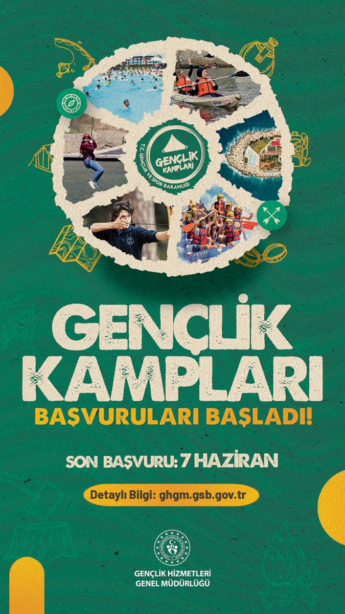 Kamp ateşi yakmaya hazır mısınız gençler?🔥

Yeşile, maviye, spora ve eğlenceye doyacağınız Gençlik Kamplarımıza başvurular başladı.🏕️

Başvurunuzu yapın, çantanızı hazırlayın.

👉ghgm.gsb.gov.tr