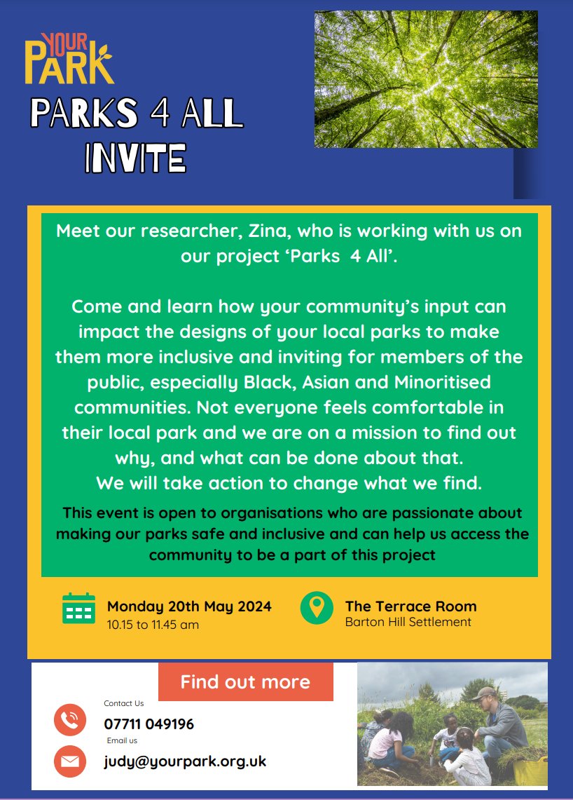 To #ReimagineParks for everyone, we need to hear from the communities not using them. 📣

We’re inviting ethnic minority-led groups who are passionate about making parks inclusive.

Get involved:

📆 Mon 20 May
⌚️ 10.15 -11.15
📍 Barton Hill Settlement 

shorturl.at/fhsUV