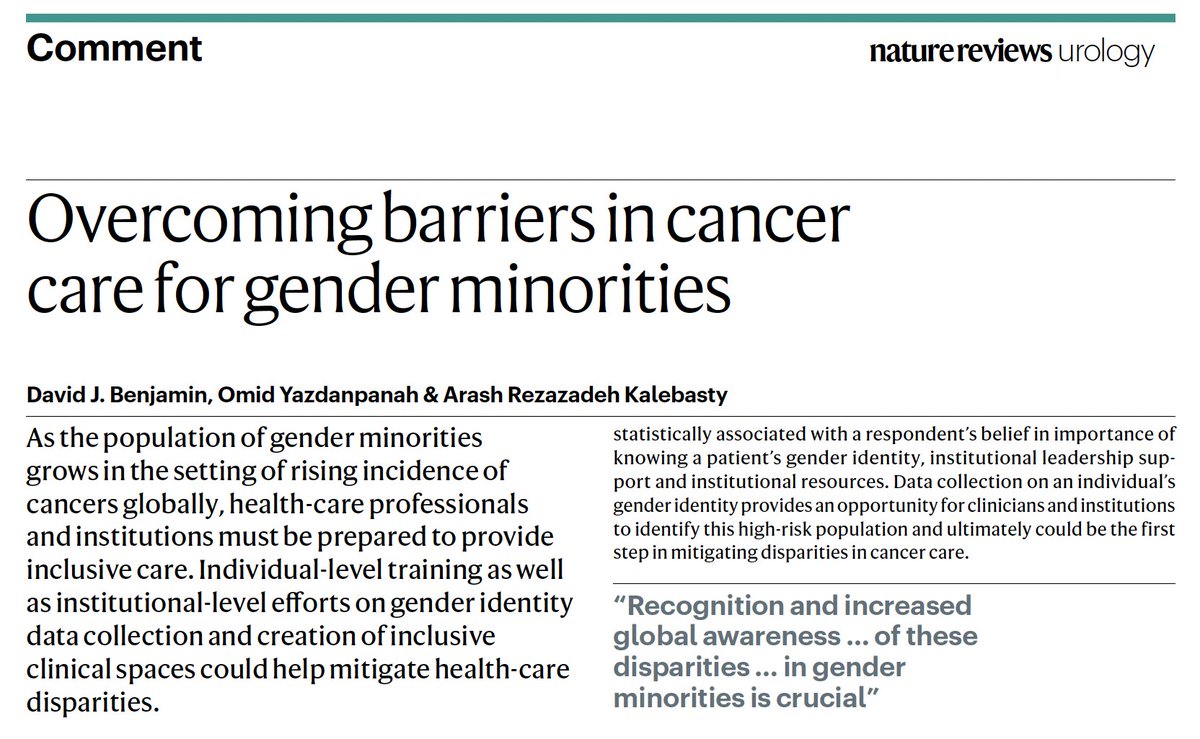 In @NatRevUrol, @OmidYazdan1 and I highlight #cancer #disparities experienced by #gender #minorities. We also offer potential solutions for healthcare professionals and institutions to overcome barriers in cancer care. Link (full text): rdcu.be/dHNbe