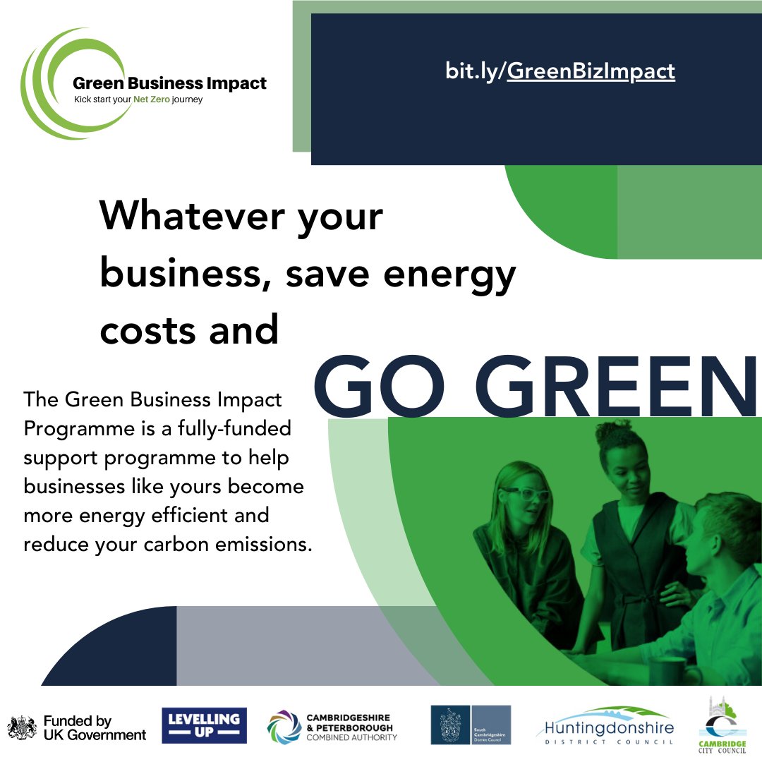 The Green Business Impact Programme could be the expert support you need to go green! Simple steps can help your business turn Green! 💚

FREE support for SMEs based in #Cambridge, #Huntingdonshire or #SouthCambridgeshire 

ow.ly/OnmA50R7BB2

#UKSPF #LowCarbon #energyuse