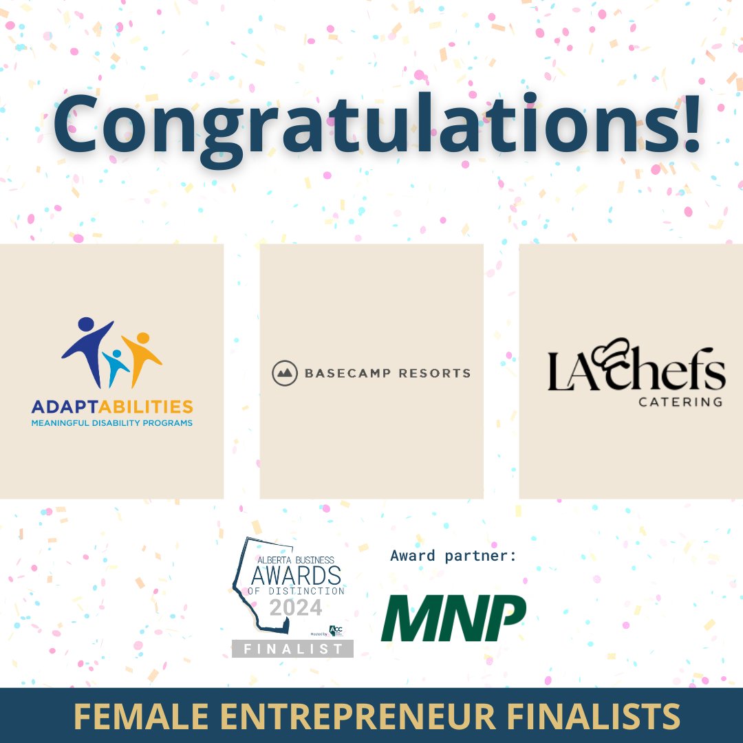 Congratulations to the Female Entrepreneur Award finalists! 🎉 @AdaptAbilities, Basecamp Resorts, and L.A. Chefs Catering.

Join us at our awards Gala on June 20th! 🌟 abbusinessawards.com/tickets-and-re… 

#BusinessAwards #abbiz #abad#abbizawards #ABChambers #ACCABAD2024