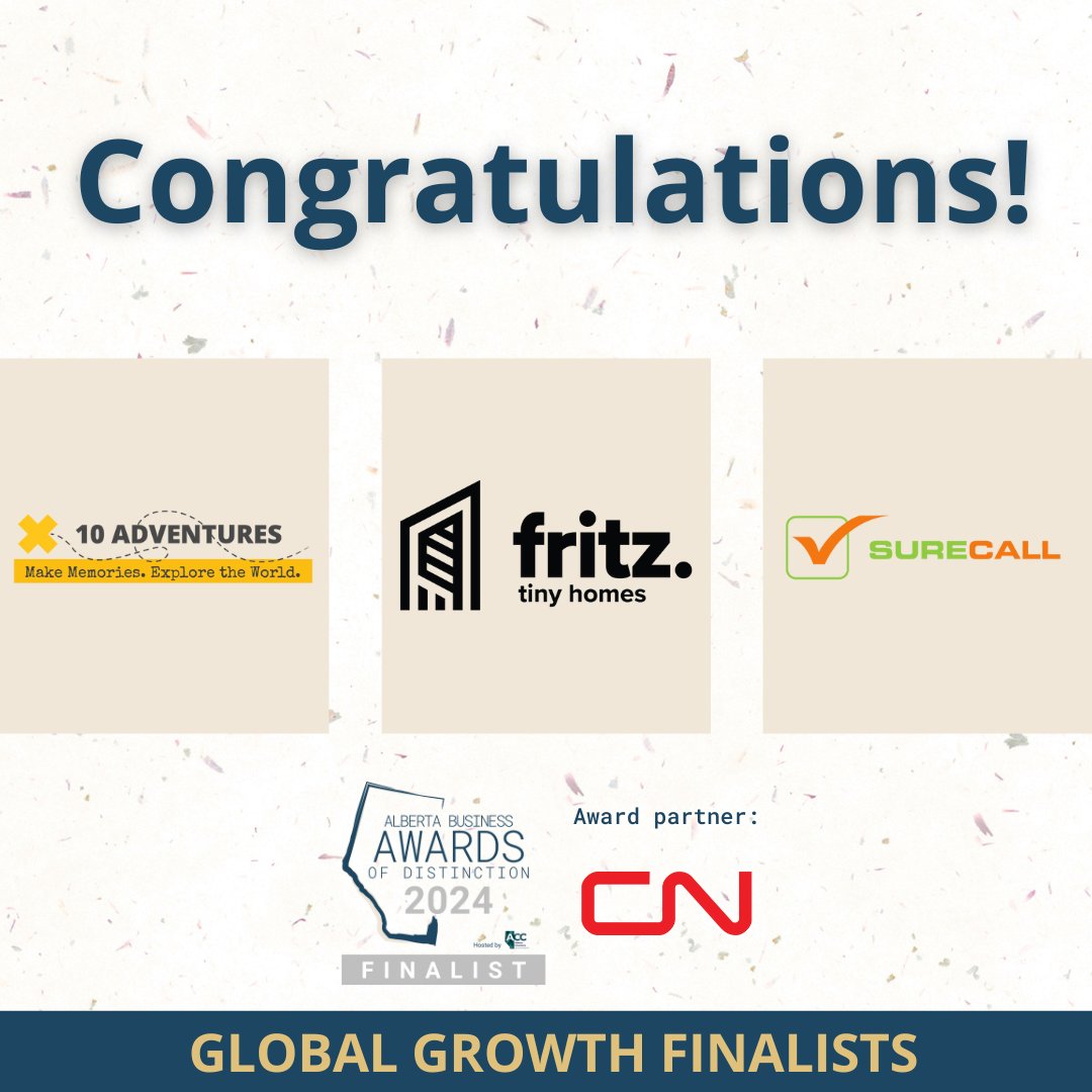 ✨ Congratulations to the 2024 Global Growth Award of Distinction Finalists: 10Adventures, Fritz Tiny Homes, and SureCall Contact Centers. 

Register now for our awards Gala! abbusinessawards.com/tickets-and-re… 

#BusinessAwards #abbiz #abad#abbizawards #ABChambers #ACCABAD2024