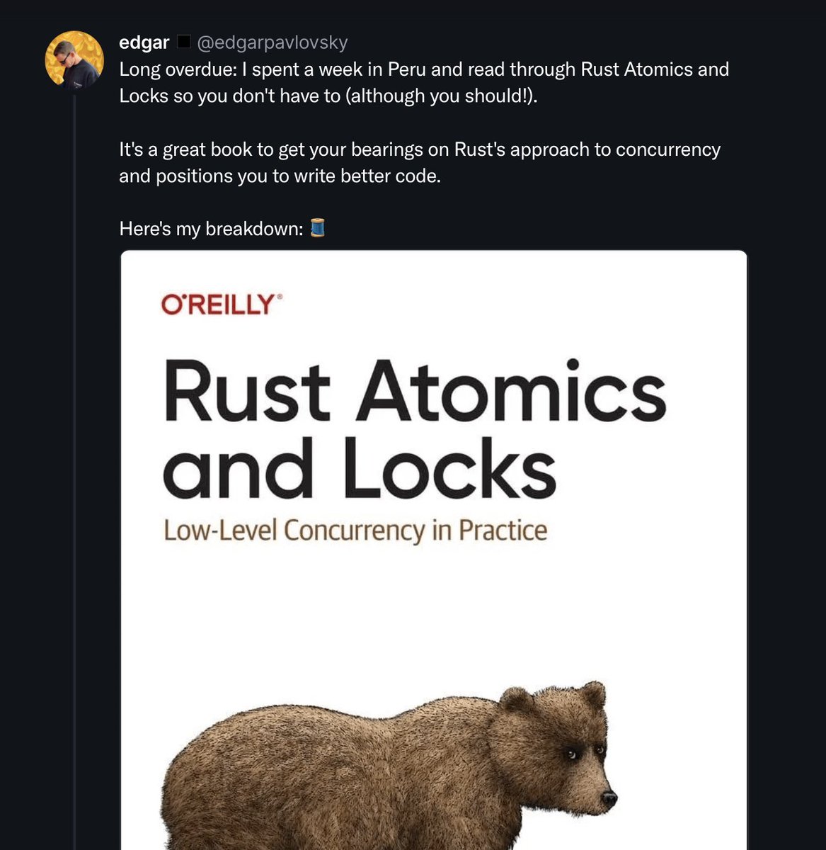 Every time I have a few free minutes, I continue working on my Rust Atomics and Locks threads. It's been long enough that I've already got 'Long overdue' by default in the thread -- Peru was almost a month ago 😂