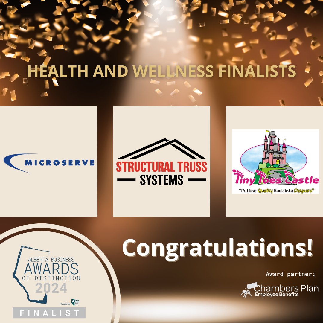 Congratulations to the finalists of the Health and Wellness Business Award of Distinction: Microserve, Structural Truss Systems, and Tiny Toes Castle Ltd.! 🌟 Celebrate them  on June 20th! abbusinessawards.com/tickets-and-re… 

#BusinessAwards #abbiz #abad#abbizawards #ABChambers #ACCABAD2024