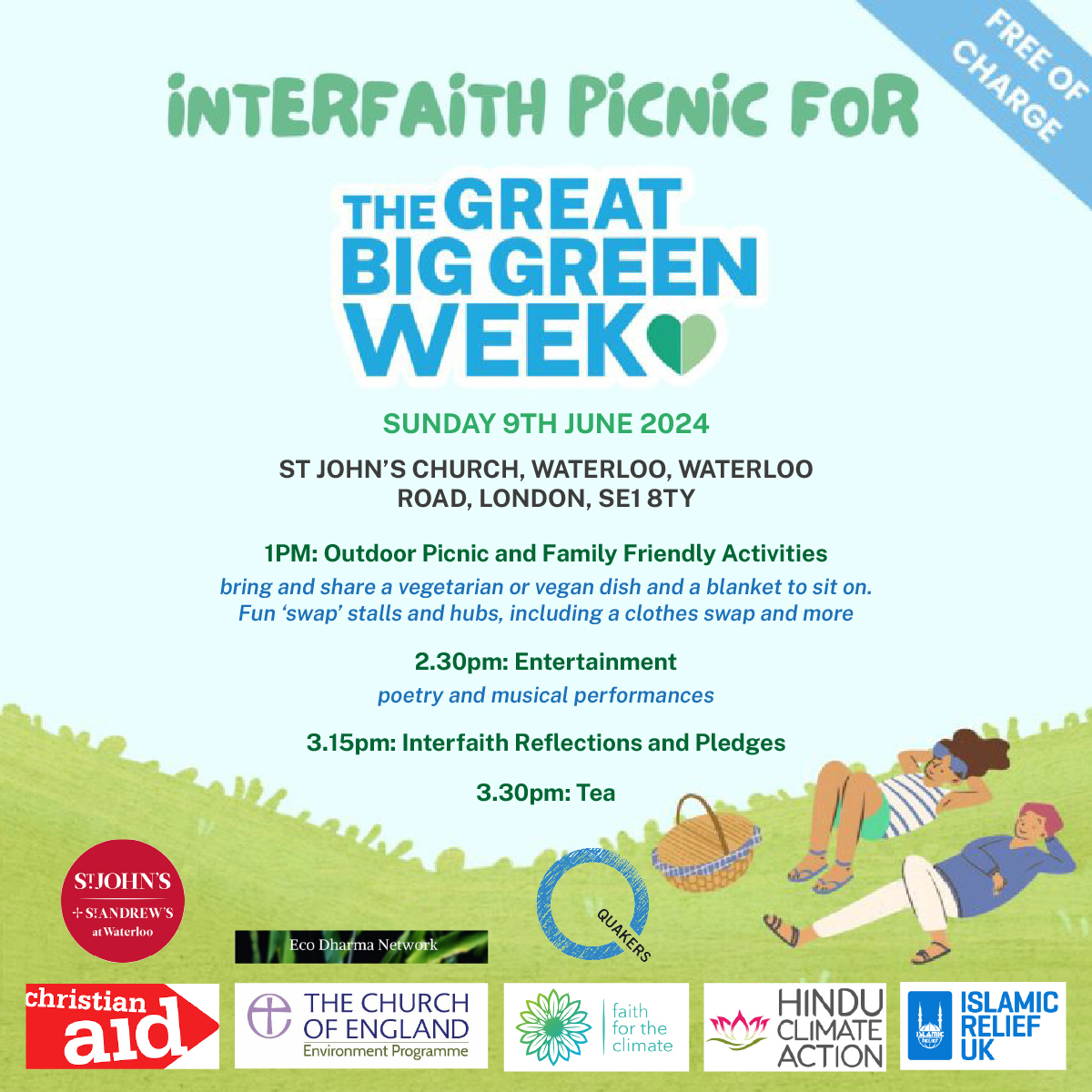 🌱 Let's swap for good, and kickstart #GreatBigGreenWeek!

Join us for a special Interfaith Picnic, where entertainment, delicious food, and inspiring talks about protecting our planet await. 🌍

Bring along your picnic blanket and eco-passion – we'll see you there! 💚