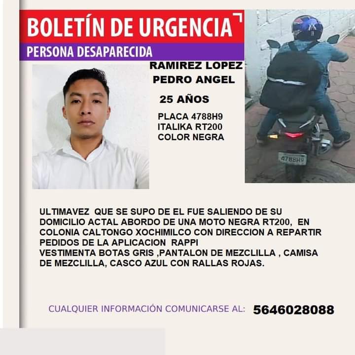 repartidorr's tweet photo. Solicitamos de su colaboración para dar con información que lleve a la localización de nuestro compañero #Repartidor  Pedro Ángel Ramírez López desaparecido en #Coltongo  el día 9 de mayo de 2024.
@GlorietaMx  @botDesaparecidx 
@JosLuisAvilaG1 @ojosdemichi @VirizAngel @RRivluis  @nanmartre @Nancy_os8910  @CinthiaDz @niunarepamenos @saulestepario @saulradio @RicardoMartM @PeatonDelSur @javiermalagon @ferfisfer @RitmoYProtesta @reneojedah @hzamarron @Cyb3rPsycho  @soydoberman @zetrocr  @reformanacional @BicicletasReza @joseSps @jamonarosas @AbbeyKingsley @Ellenwen @kueitlan @TerrorRestMX  @la_de_rh  @5antaMerlina @_Constituyentes  @serajac @vampipe @Mr_Civico