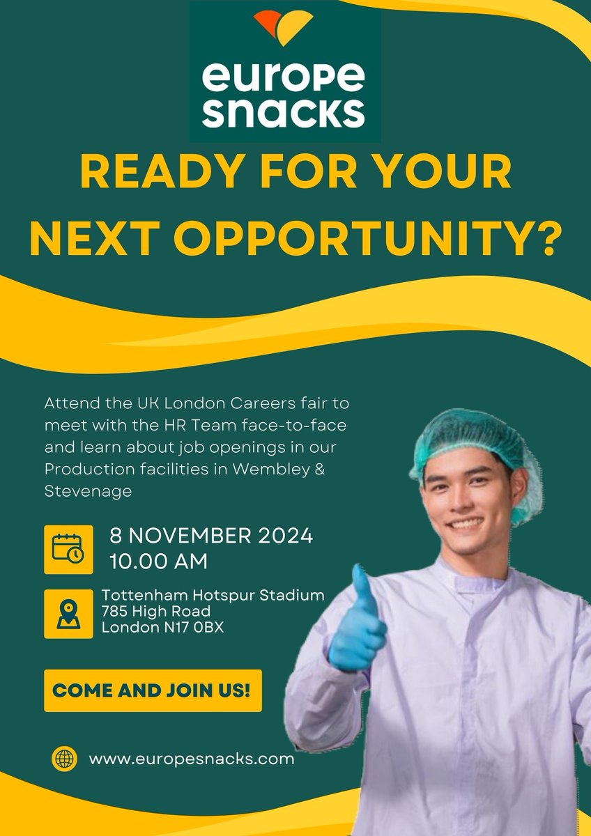 Looking for a fresh start in production? 🏭 Meet Europe Snacks at our London Careers Fair! Engage with their HR team and learn about roles in Wembley & Stevenage. Don't miss out – 8 Nov, Tottenham Hotspur Stadium! #CareerOpportunity #EuropeSnacks #LondonJobs