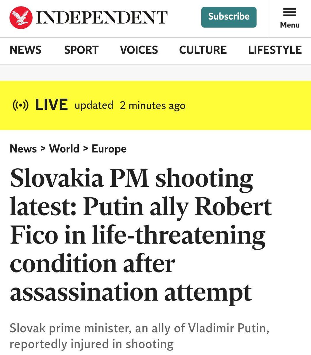 Slovakian Prime Minister Robert Fico has been shot in an assassination attempt. - The Independent refers to him disparagingly as 'Putin ally'. Why? He failed to support the proxy war.