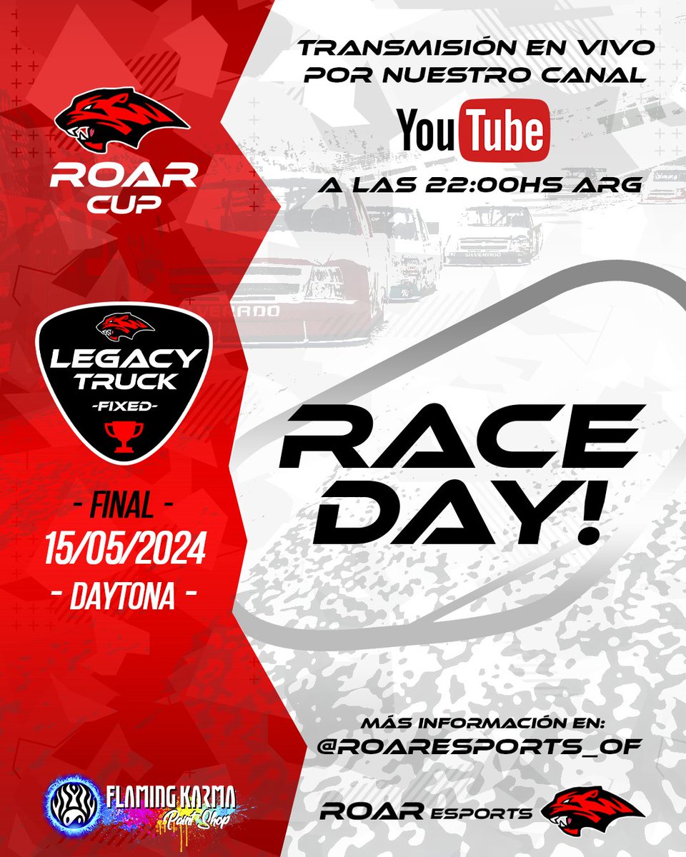 #ROARCUP 🔥FINAL - LEGACY TRUCK 🔥

ÚLTIMA fecha de la LEGACY TRUCK en DAYTONA 👏

Broadcast: 👏
youtube.com/watch?v=uV4SDC…

#iRacing #Oval #Simracing #ROARCUP #LEGACYTRUCK