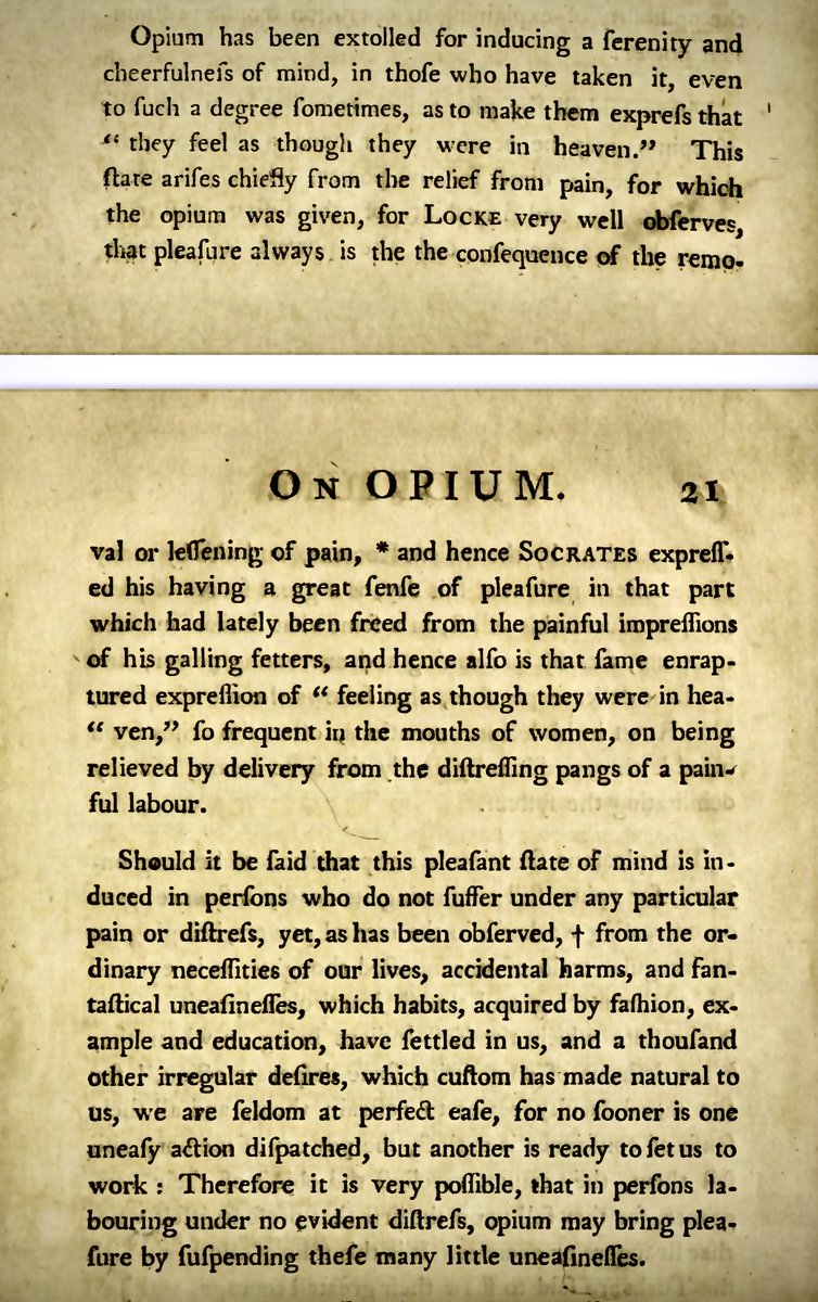 After treating postoperative pain with opioids, some patients say they feel as if they are 'in heaven'.  Is pleasure the absence of pain?  This text from a 1792 manuscript (V. Seaman) considers the question.  This topic was also discussed by Friedrich Nietzsche (1844-1900).