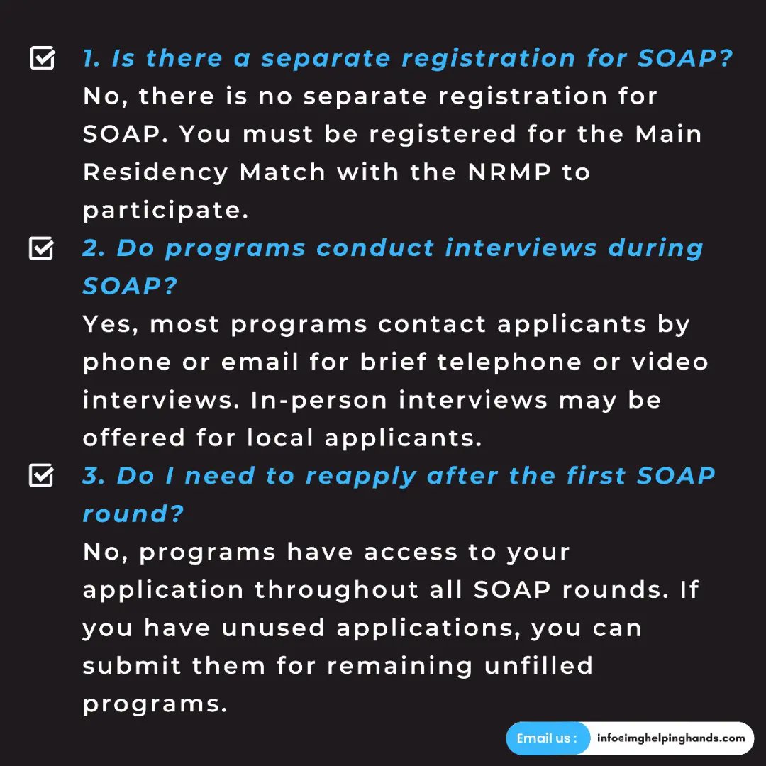 Some FAQs & their answers regarding SOAP.Follow IMG Helping Hands for informative content like that.
.
.
.
.
#soap #residency
#medicine #ecfmg #nrmp