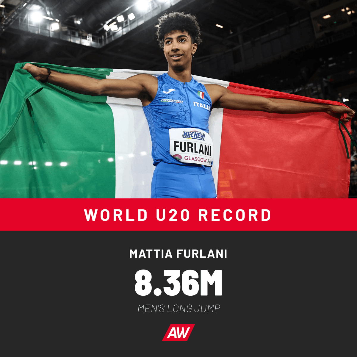 WORLD U20 RECORD Mattia Furlani keeps on re-writing history 🔥 The world indoor long jump silver medallist has just set the world U20 record in the event at Meeting Città di Savona 🇮🇹 The 19-year-old jumps an amazing 8.36m (1.4), breaking Sergey Morgunov's 8.35m from 2012 🤯