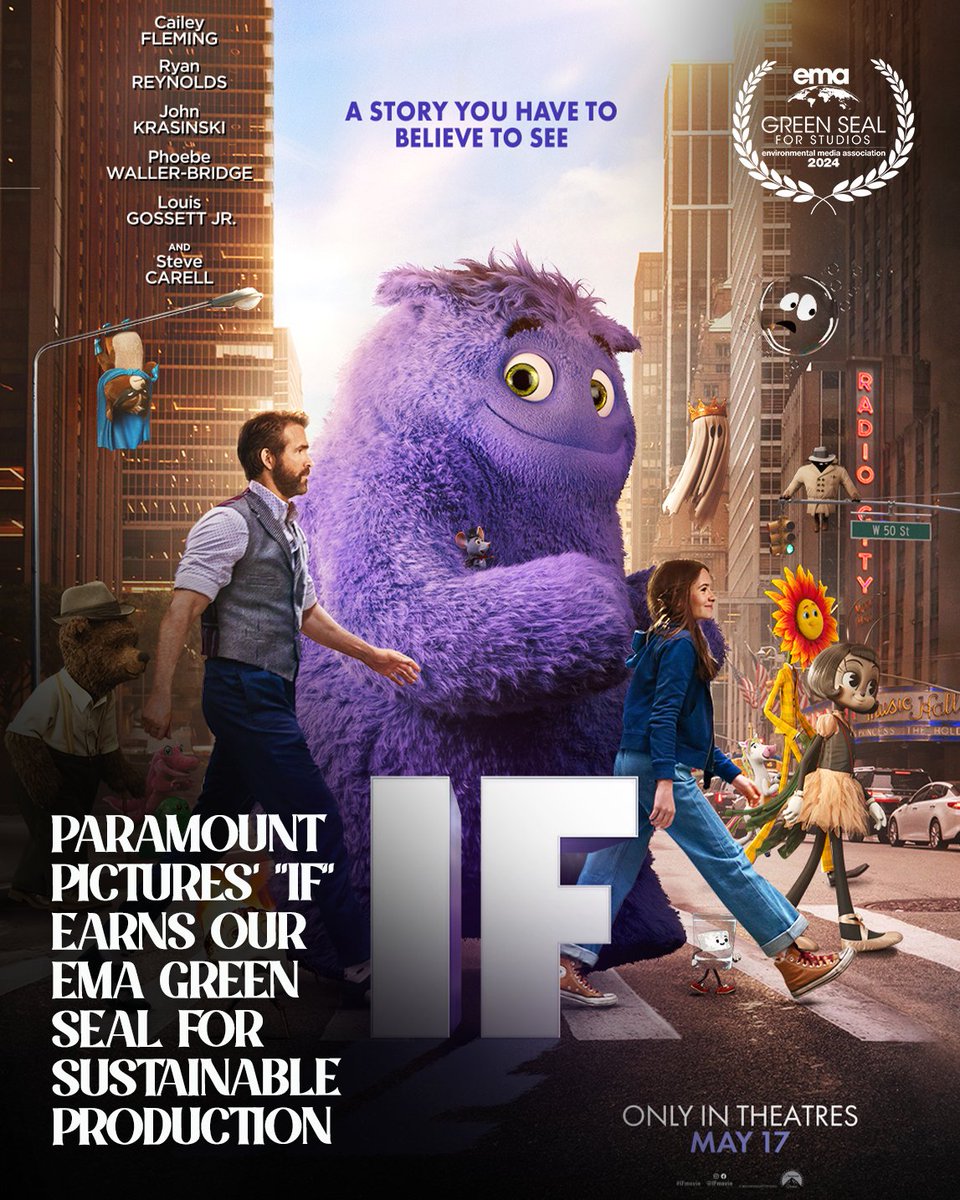 Congrats to the cast and crew of @ParamountPics' 'IF' for earning our EMA Green Seal for #sustainable production. See it in theaters this Friday! Learn more about our EMA Green Seal here -> green4ema.org/ema-green-seal… #climateaction @VancityReynolds @IFmovie @johnkrasinski