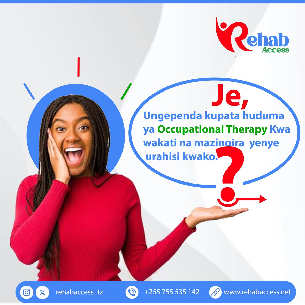 RehabAccess_tz's tweet photo. Tunakufikishia huduma za mazoezi tiba, Nyumbani, Shuleni na Clinic kwetu. Changua sasa kupata urahisi wa huduma zetu.

#RehabWorks #OT #occupationaltherapy #Spechie #SpeechTherapy #RATC #mapemandiobest https://t.co/Vt4Hrj4pKl